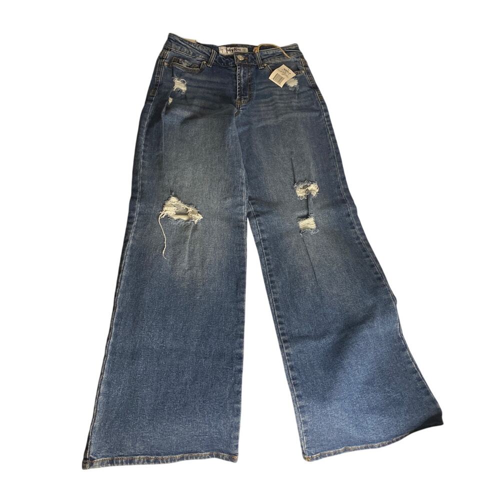 Y2K Grunge Distressed Wide Leg Blue Denim Jeans Indigo Rein Size 9 W28 L32 - Picture 2 of 6